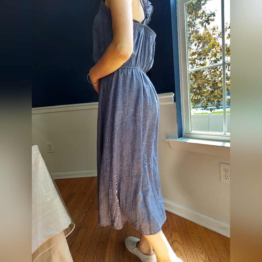 Womens chambray midi dress criss cross ruffle strap sleeves